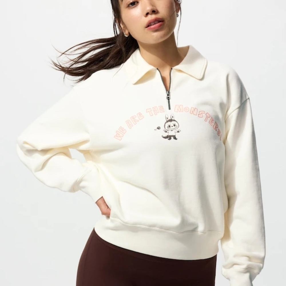 Uniqlo Pop Mart The Monsters Labubu Cream Graphic Half-Zip Women Sweatshirt L